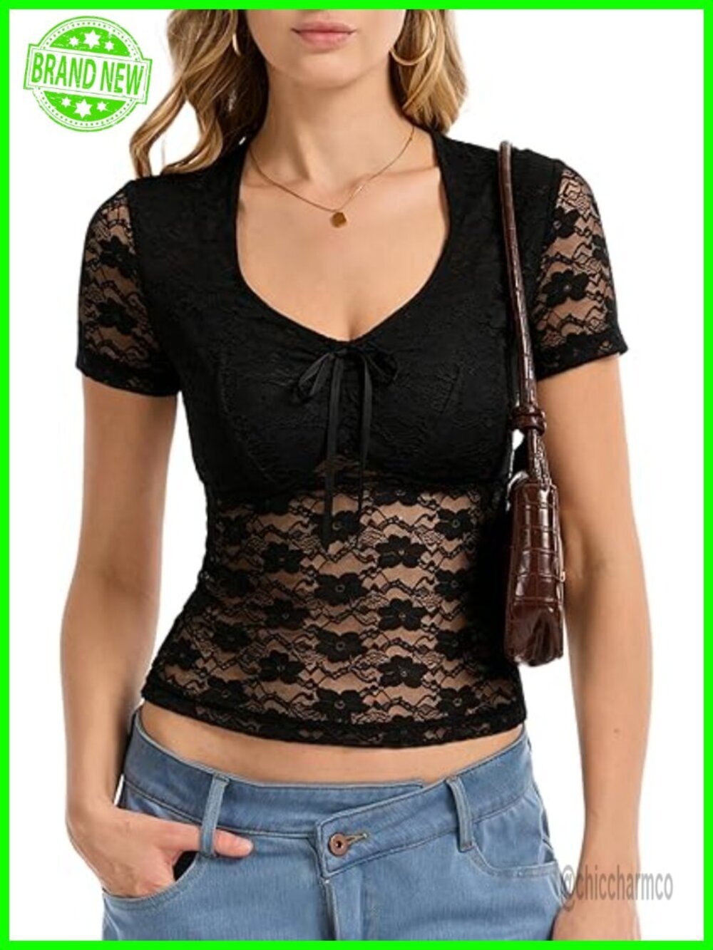 Sheer Lace Crop Top Deep V Neck Short Sleeve Floral Blouse Y2K Fitted Tee
